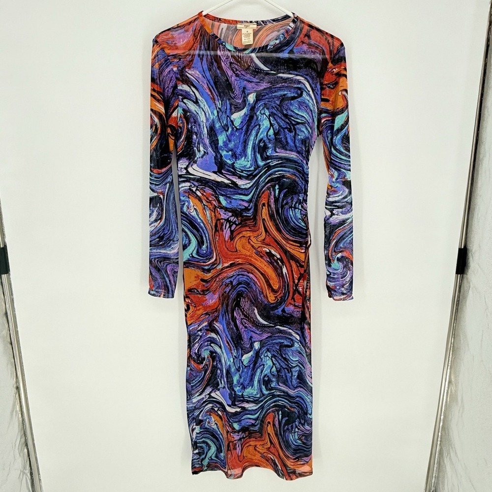 NYC Brand Women's Mesh Midi Dress/Swim Coverup Maximalist Swirl Y2K High Slit